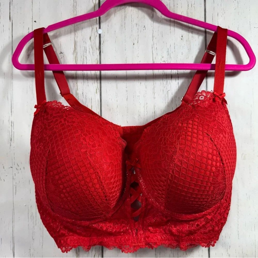 Cacique Red Lace Boost Balconette Bra 42DD Sexy Plus Size Lingerie Push Up - Picture 4 of 15